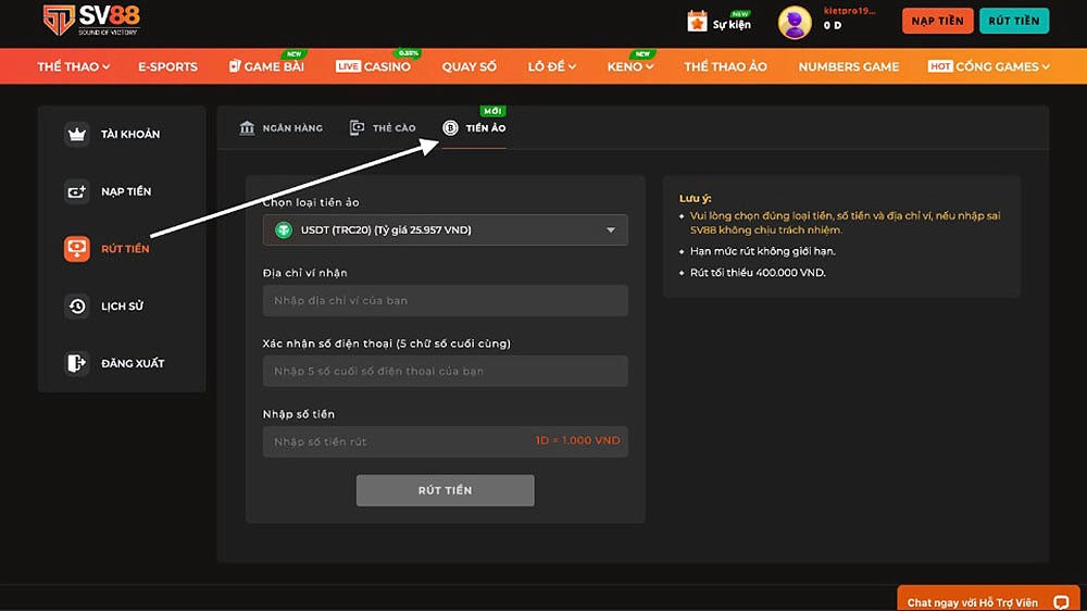 Cách rút tiền Sv88 qua ngân hàng