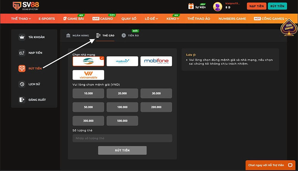 Cách rút tiền Sv88 qua thẻ cào
